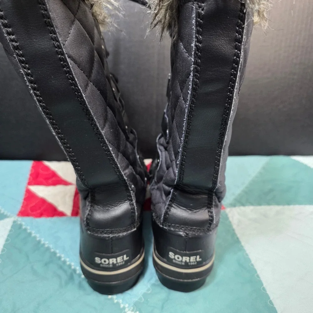 Sorel Tofino Winter Boots Womens 7.5 Black Waterproof Quilted Faux Fur Trim *SEE